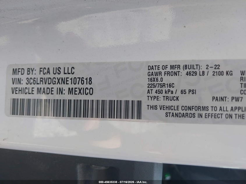 2022 Ram Promaster 2500 High Roof 159 Wb VIN: 3C6LRVDGXNE107618 Lot: 45635338