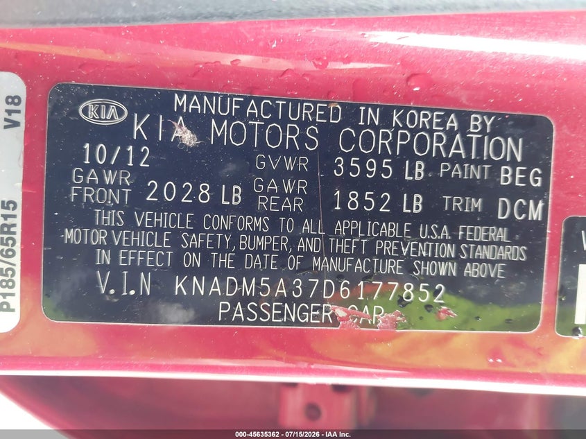 2013 Kia Rio Lx VIN: KNADM5A37D6177852 Lot: 45635362