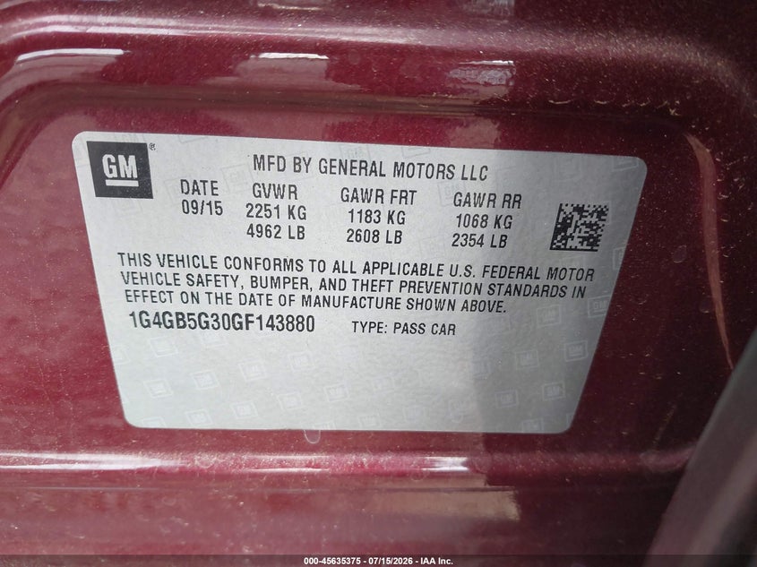 2016 Buick Lacrosse Leather VIN: 1G4GB5G30GF143880 Lot: 45635375