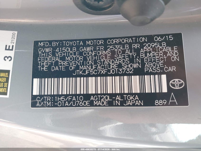 2015 Scion Tc VIN: JTKJF5C7XFJ013732 Lot: 45635378