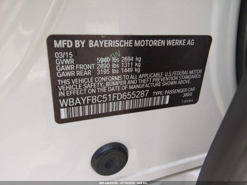 2015 BMW 750Li xDrive VIN: WBAYF8C51FD655287 Lot: 45635398