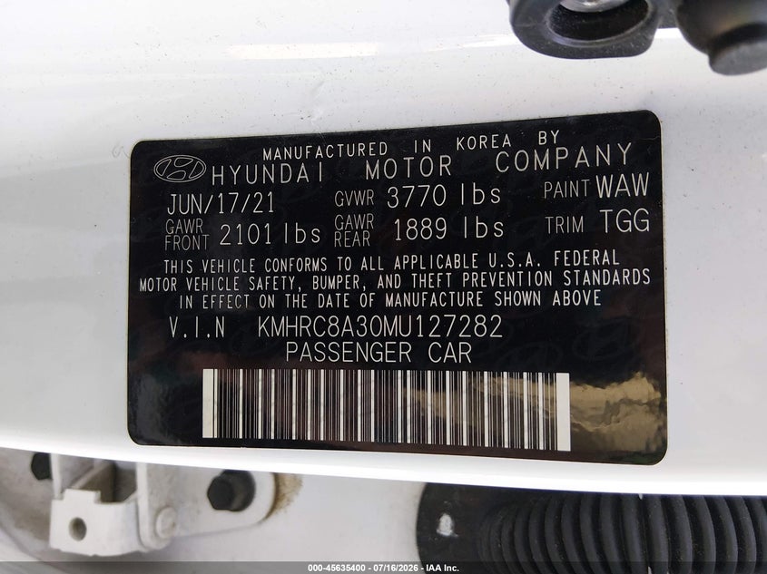 2021 Hyundai Venue Sel VIN: KMHRC8A30MU127282 Lot: 45635400