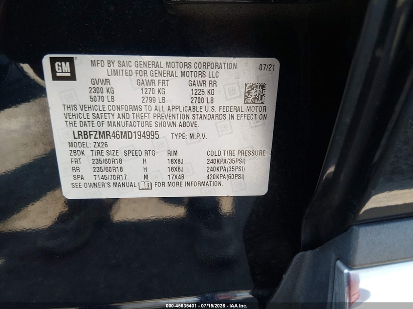 2021 Buick Envision Awd Preferred VIN: LRBFZMR46MD194995 Lot: 45635401