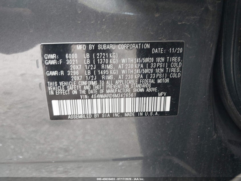 2021 Subaru Ascent Touring VIN: 4S4WMARD6M3426561 Lot: 45635403