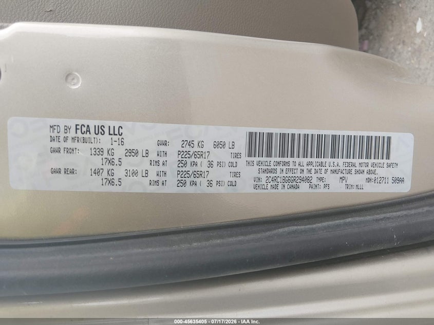 2016 Chrysler Town & Country Touring VIN: 2C4RC1BG6GR294082 Lot: 45635405
