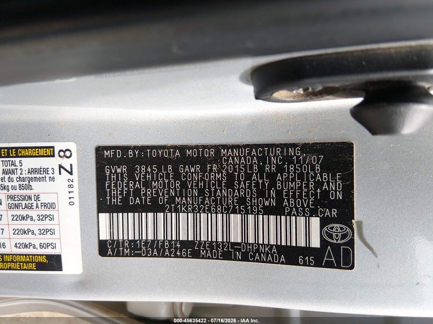 2008 Toyota Matrix Xr VIN: 2T1KR32E68C715195 Lot: 45635422