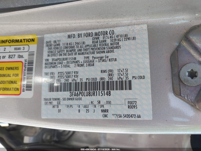 FORD FUSION HYBRID 2018 VIN 3FA6P0LU8JR115148