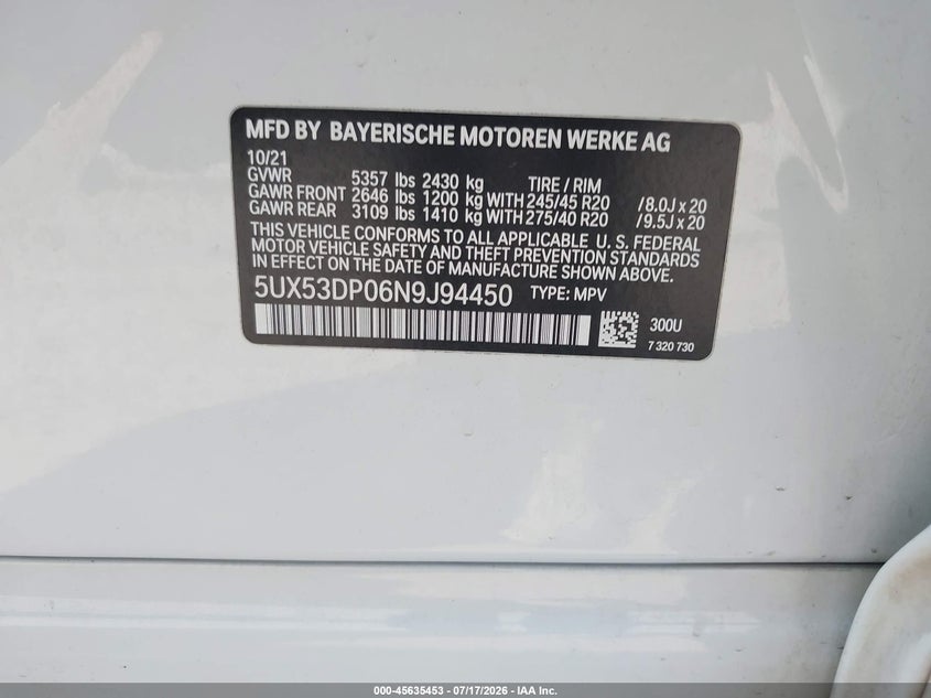 2022 BMW X3 xDrive30I VIN: 5UX53DP06N9J94450 Lot: 45635453