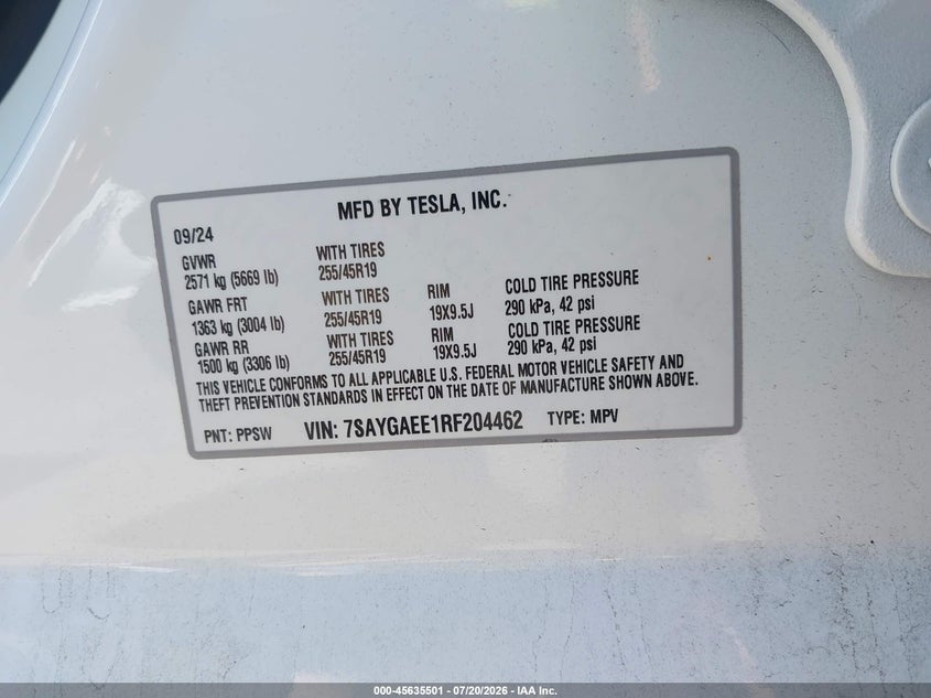 2024 Tesla Model Y Long Range Dual Motor All-Wheel Drive VIN: 7SAYGAEE1RF204462 Lot: 45635501