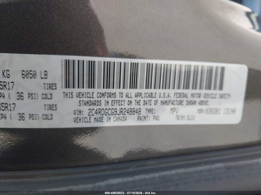 2018 Dodge Grand Caravan Sxt VIN: 2C4RDGCG9JR248848 Lot: 45635522