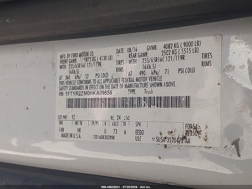 2017 Ford Transit-250 VIN: 1FTYR2ZM0HKA09856 Lot: 45635541