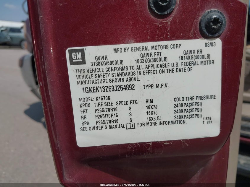 2003 GMC Yukon Slt VIN: 1GKEK13Z63J264892 Lot: 45635542