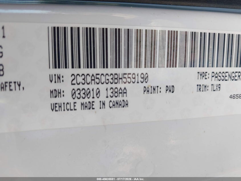 2011 Chrysler 300 Limited VIN: 2C3CA5CG3BH559190 Lot: 45635551