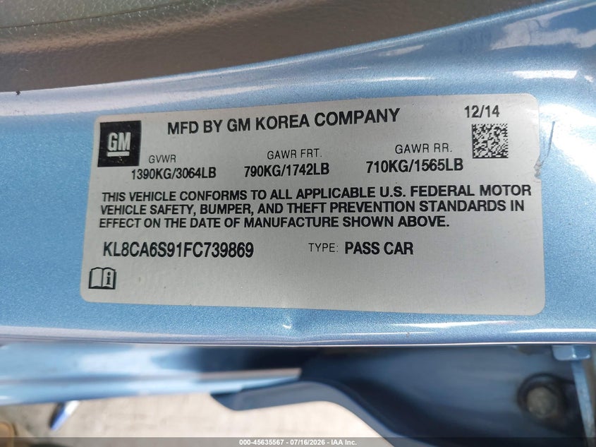 2015 Chevrolet Spark Ls Manual VIN: KL8CA6S91FC739869 Lot: 45635567