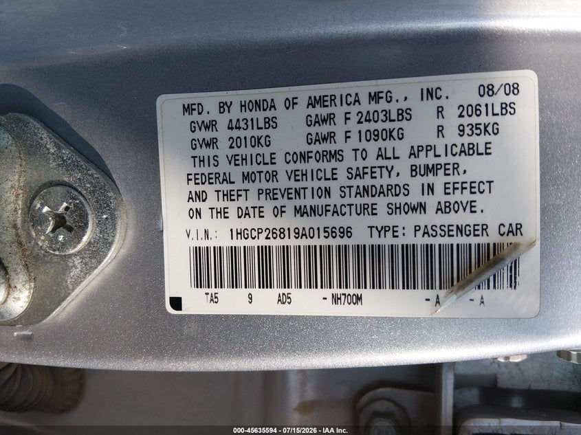 2009 Honda Accord 2.4 Ex-L VIN: 1HGCP26819A015696 Lot: 45635594