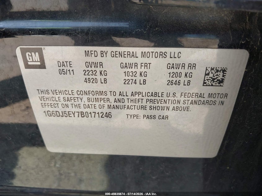 2011 Cadillac Cts Performance VIN: 1G6DJ5EY7B0171246 Lot: 45635674
