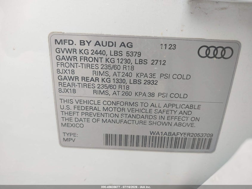 2024 Audi Q5 Premium 40 Tfsi Quattro S Tronic VIN: WA1ABAFY5R2053709 Lot: 45635677
