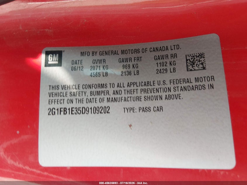 2013 Chevrolet Camaro 1Lt VIN: 2G1FB1E35D9109202 Lot: 45635693