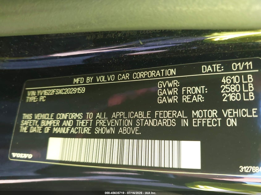 2012 Volvo S60 T5 VIN: YV1622FSXC2029159 Lot: 45635719