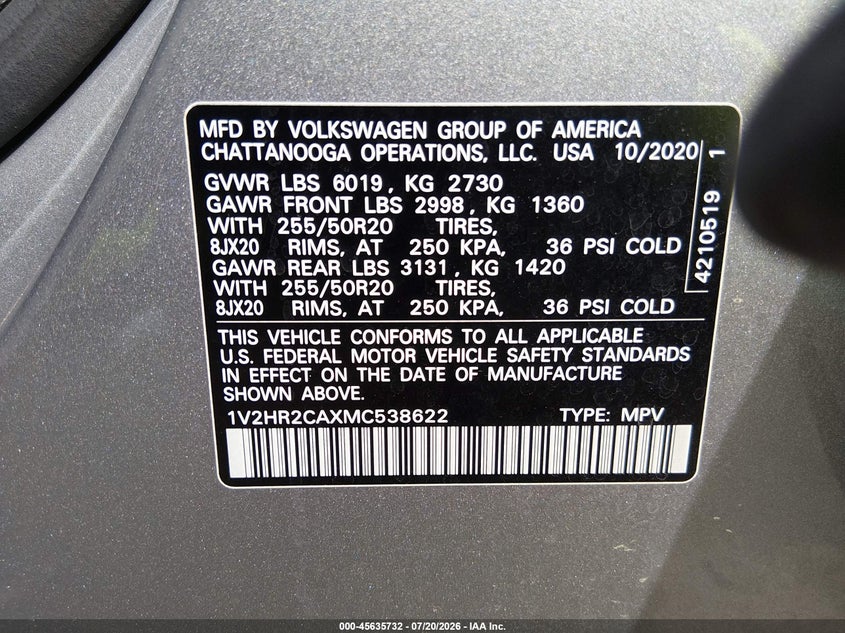 2021 Volkswagen Atlas 3.6L V6 Se W/Technology VIN: 1V2HR2CAXMC538622 Lot: 45635732