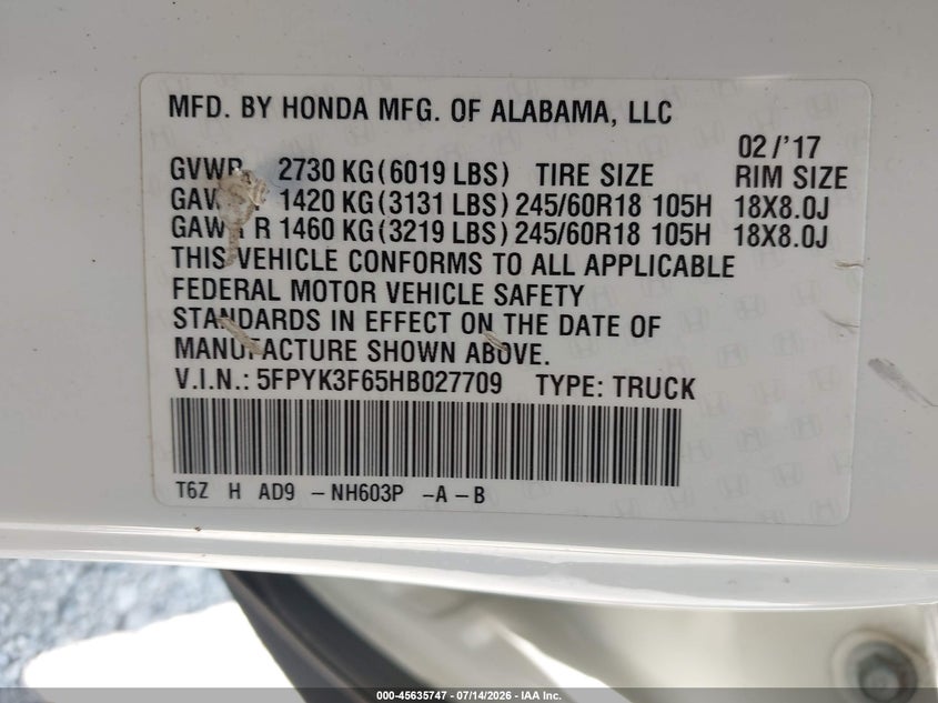 2017 Honda Ridgeline Rtl-T VIN: 5FPYK3F65HB027709 Lot: 45635747