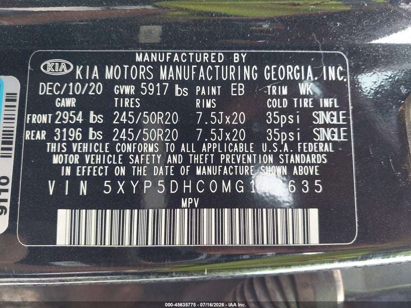 2021 Kia Telluride Sx VIN: 5XYP5DHC0MG147635 Lot: 45635775