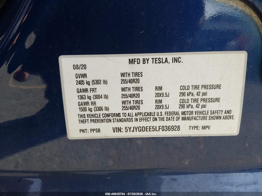 2020 TESLA MODEL Y SPORT UTILITY VEHICLE ELECTRIC