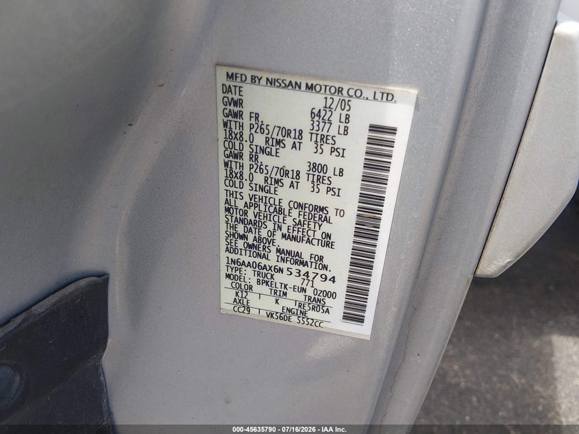 2006 Nissan Titan Se VIN: 1N6AA06AX6N534794 Lot: 45635790