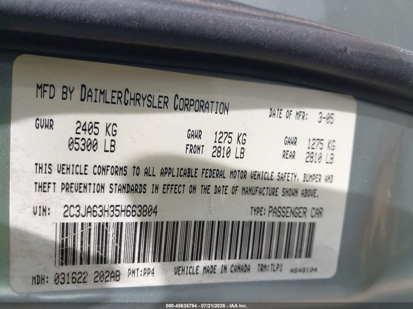 2005 Chrysler 300C VIN: 2C3JA63H35H663804 Lot: 45635794