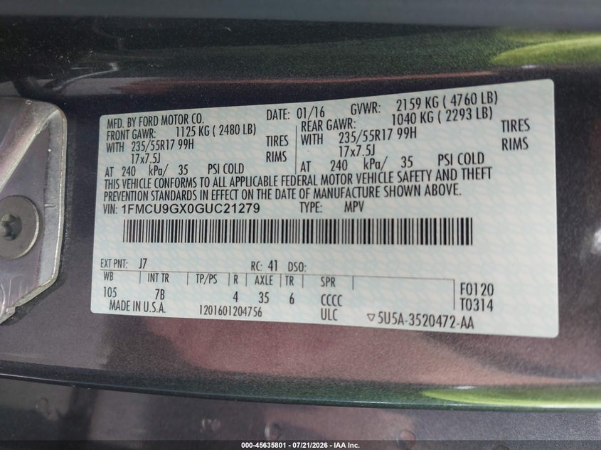 2016 Ford Escape Se VIN: 1FMCU9GX0GUC21279 Lot: 45635801