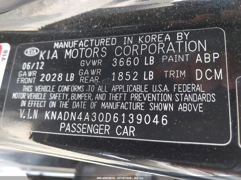 2013 Kia Rio Ex VIN: KNADN4A30D6139046 Lot: 45635810