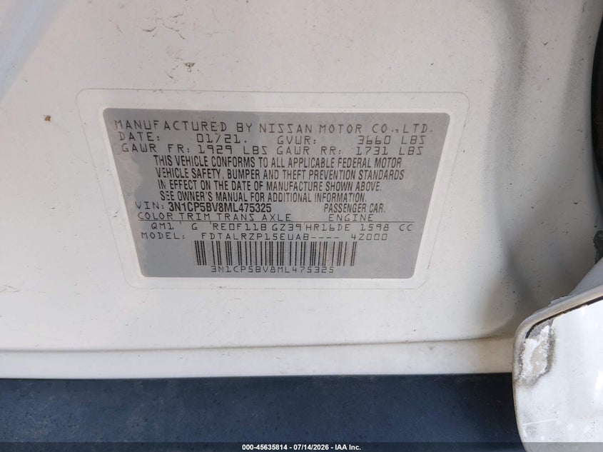 2021 Nissan Kicks S Xtronic Cvt VIN: 3N1CP5BV8ML475325 Lot: 45635814