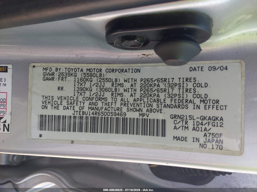 2005 Toyota 4Runner Sr5 V6 VIN: JTEBU14R650059469 Lot: 45635825