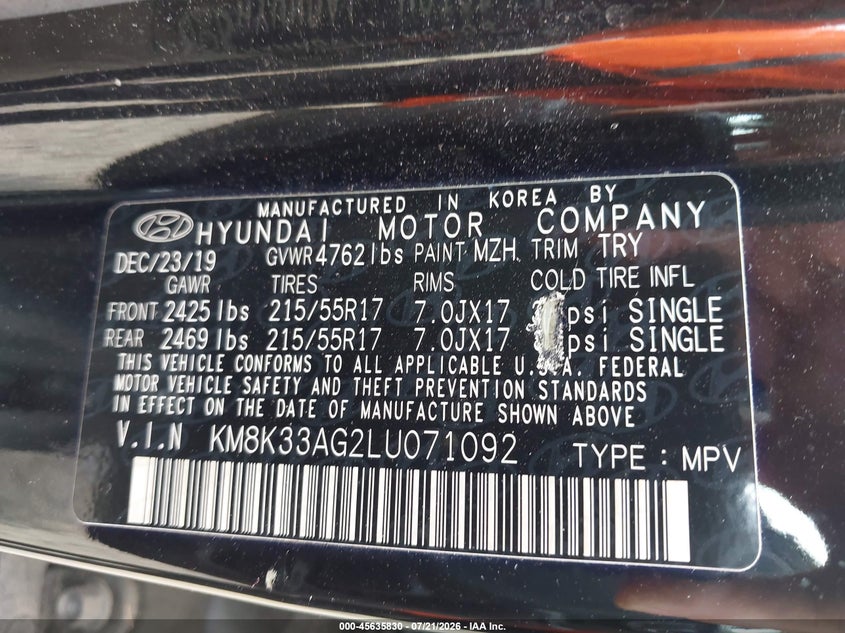 2020 Hyundai Kona Electric Limited VIN: KM8K33AG2LU071092 Lot: 45635830