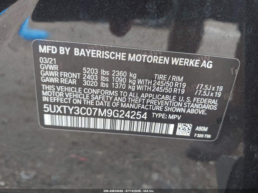 2021 BMW X3 Sdrive30I VIN: 5UXTY3C07M9G24254 Lot: 45635846