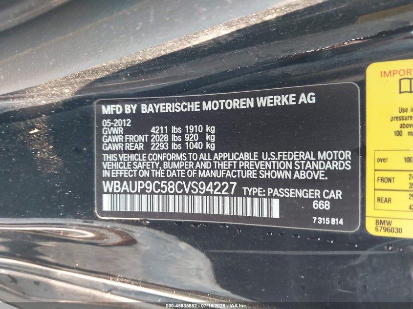2012 BMW 128I VIN: WBAUP9C58CVS94227 Lot: 45635882