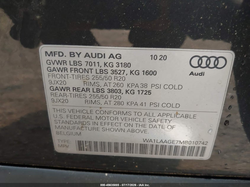2021 Audi E-Tron Premium Plus Quattro VIN: WA1LAAGE7MB010742 Lot: 45635885
