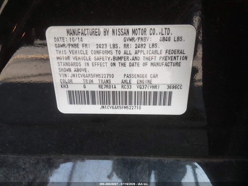 2015 Infiniti Q40 VIN: JN1CV6AR5FM522710 Lot: 45635887