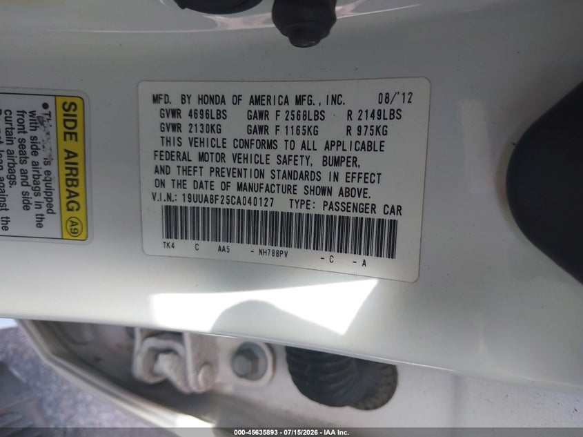 2012 Acura Tl 3.5 VIN: 19UUA8F25CA040127 Lot: 45635893