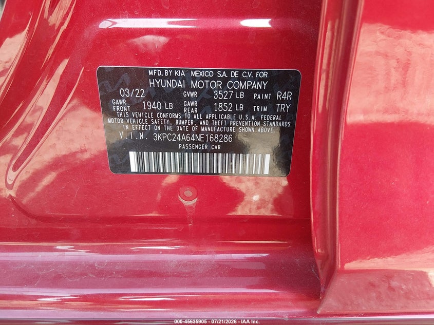 2022 Hyundai Accent Se VIN: 3KPC24A64NE168286 Lot: 45635905