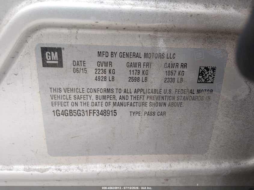 2015 Buick Lacrosse Leather VIN: 1G4GB5G31FF348915 Lot: 45635913
