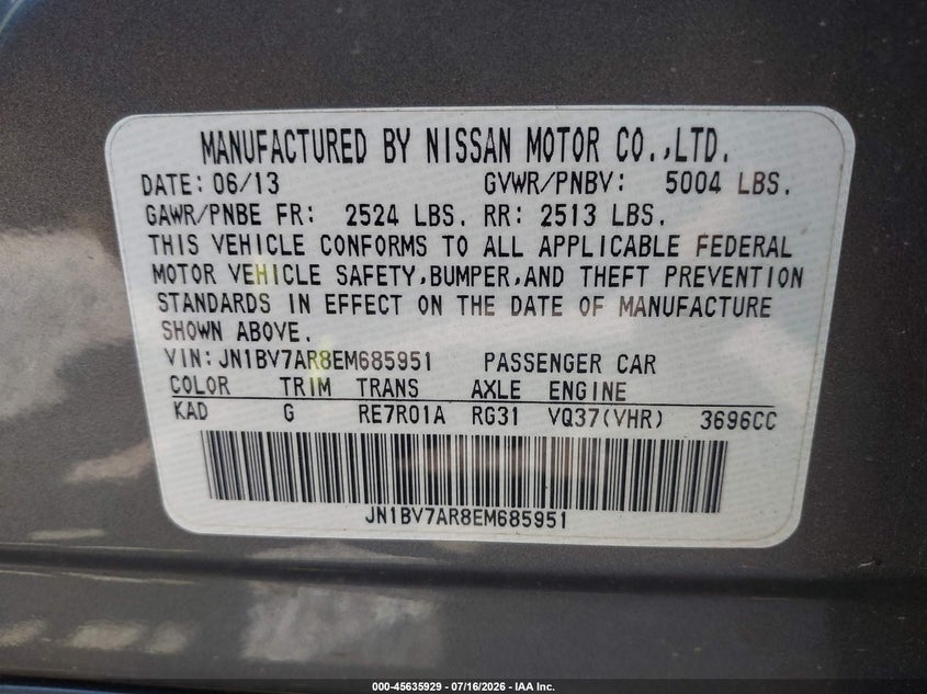 2014 Infiniti Q50 Sport VIN: JN1BV7AR8EM685951 Lot: 45635929