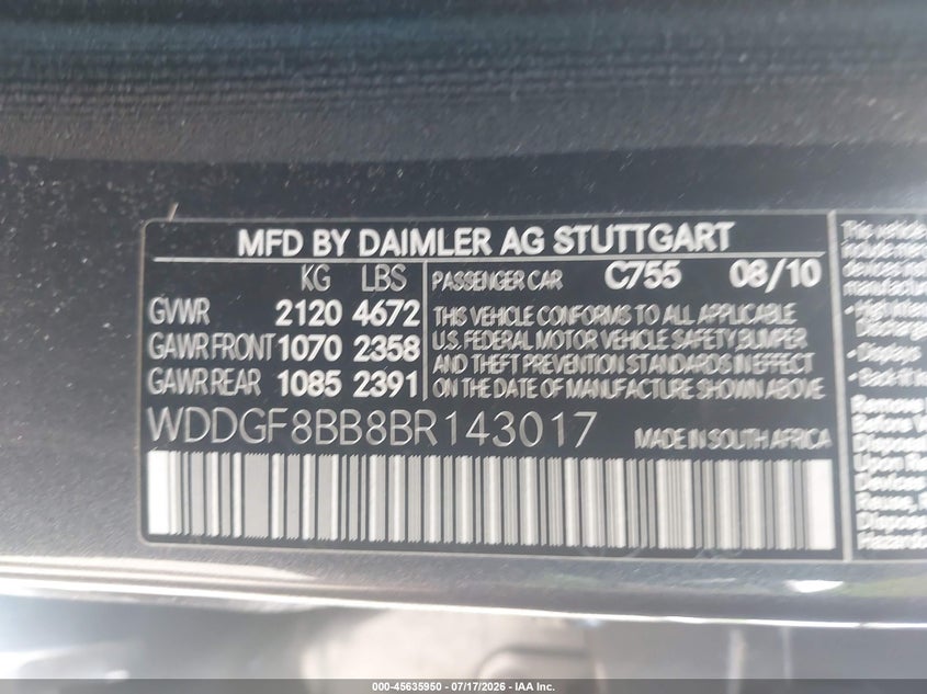 2011 Mercedes-Benz C 300 Luxury 4Matic/Sport 4Matic VIN: WDDGF8BB8BR143017 Lot: 45635950