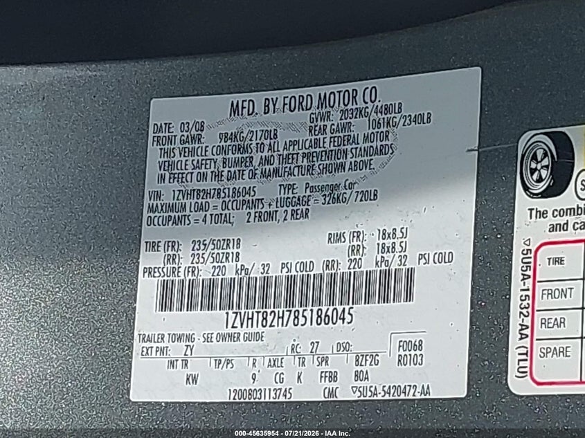 2008 Ford Mustang Gt Deluxe/Gt Premium VIN: 1ZVHT82H785186045 Lot: 45635954