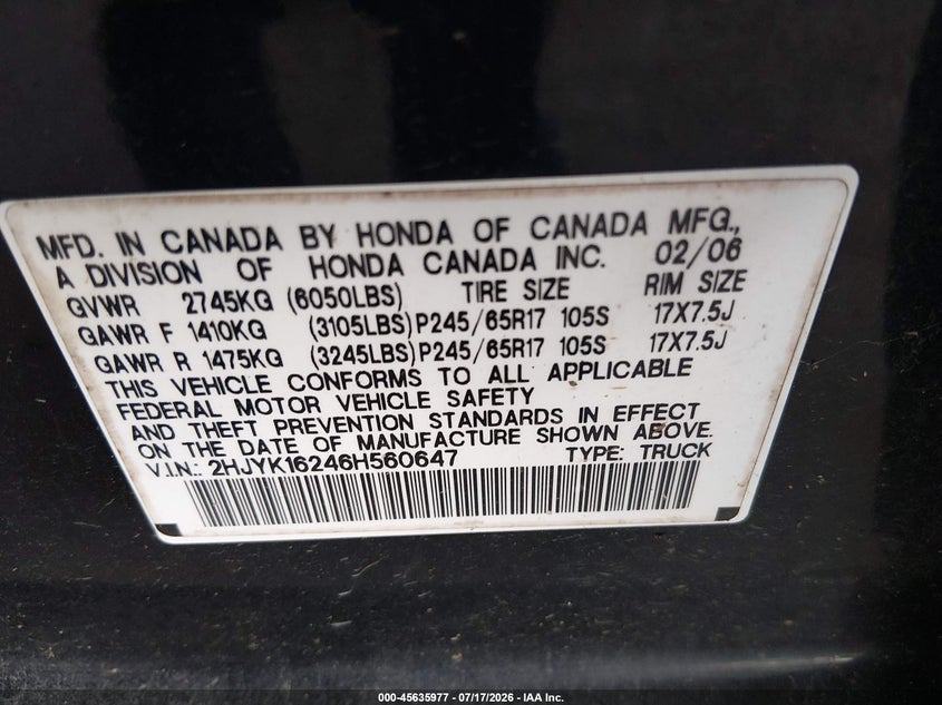 2006 Honda Ridgeline Rt VIN: 2HJYK16246H560647 Lot: 45635977