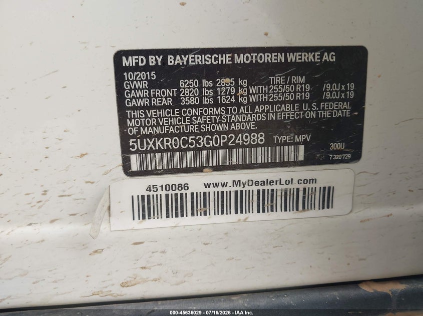 2016 BMW X5 xDrive35I VIN: 5UXKR0C53G0P24988 Lot: 45636029