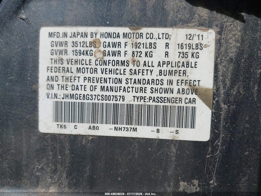 2012 Honda Fit VIN: JHMGE8G37CS007579 Lot: 45636039