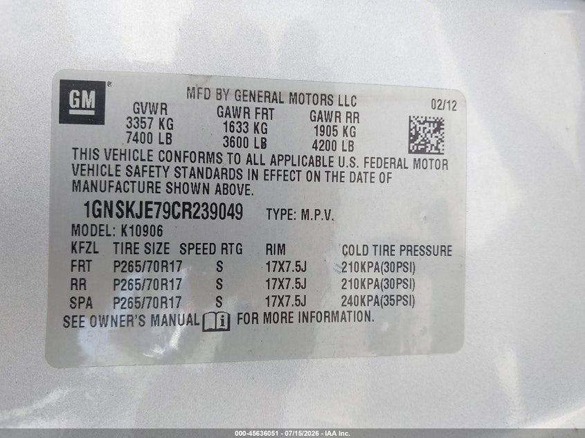 2012 Chevrolet Suburban Lt VIN: 1GNSKJE79CR239049 Lot: 45636051