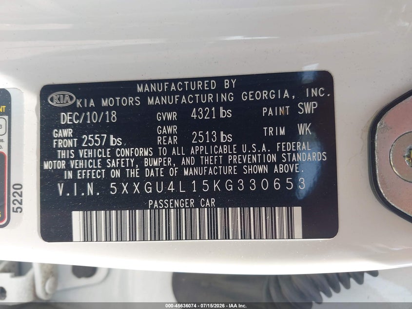2019 Kia Optima Ex VIN: 5XXGU4L15KG330653 Lot: 45636074