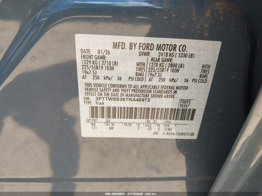 2026 Ford Maverick Lariat VIN: 3FTTW8S39TRA40972 Lot: 45636087